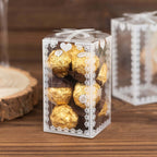 25 Pack Clear Rectangle Candy Gift Boxes With Bowknot and White Lace Pattern, 4" Transparent Plastic Party Favor Boxes - 2"x2"x4" - Bell Racket Store