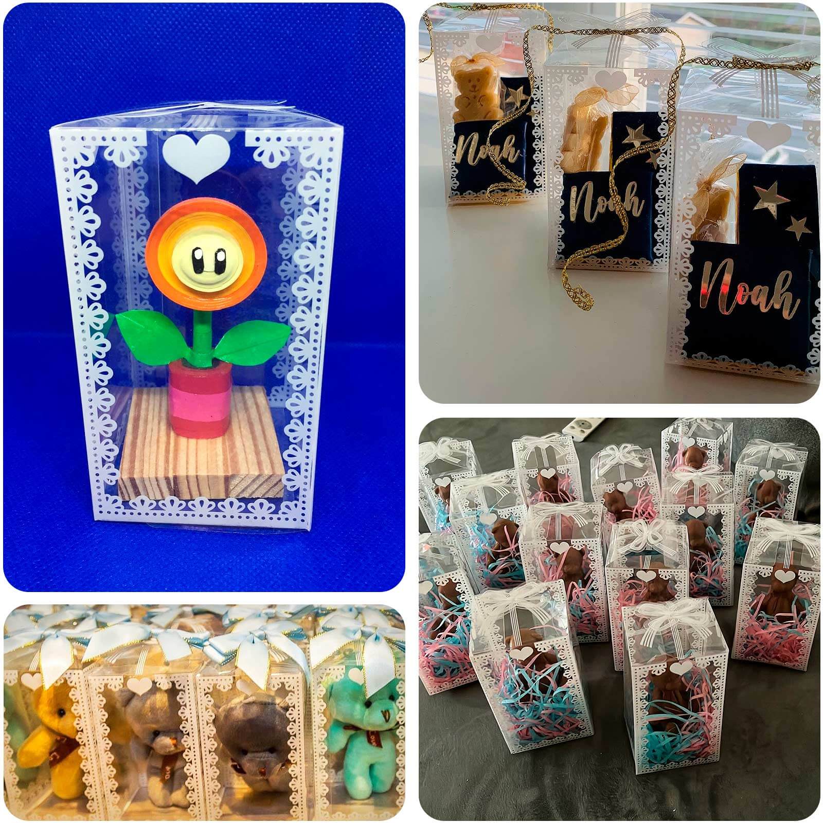 25 Pack Clear Rectangle Candy Gift Boxes With Bowknot and White Lace Pattern, 4" Transparent Plastic Party Favor Boxes - 2"x2"x4" - Bell Racket Store