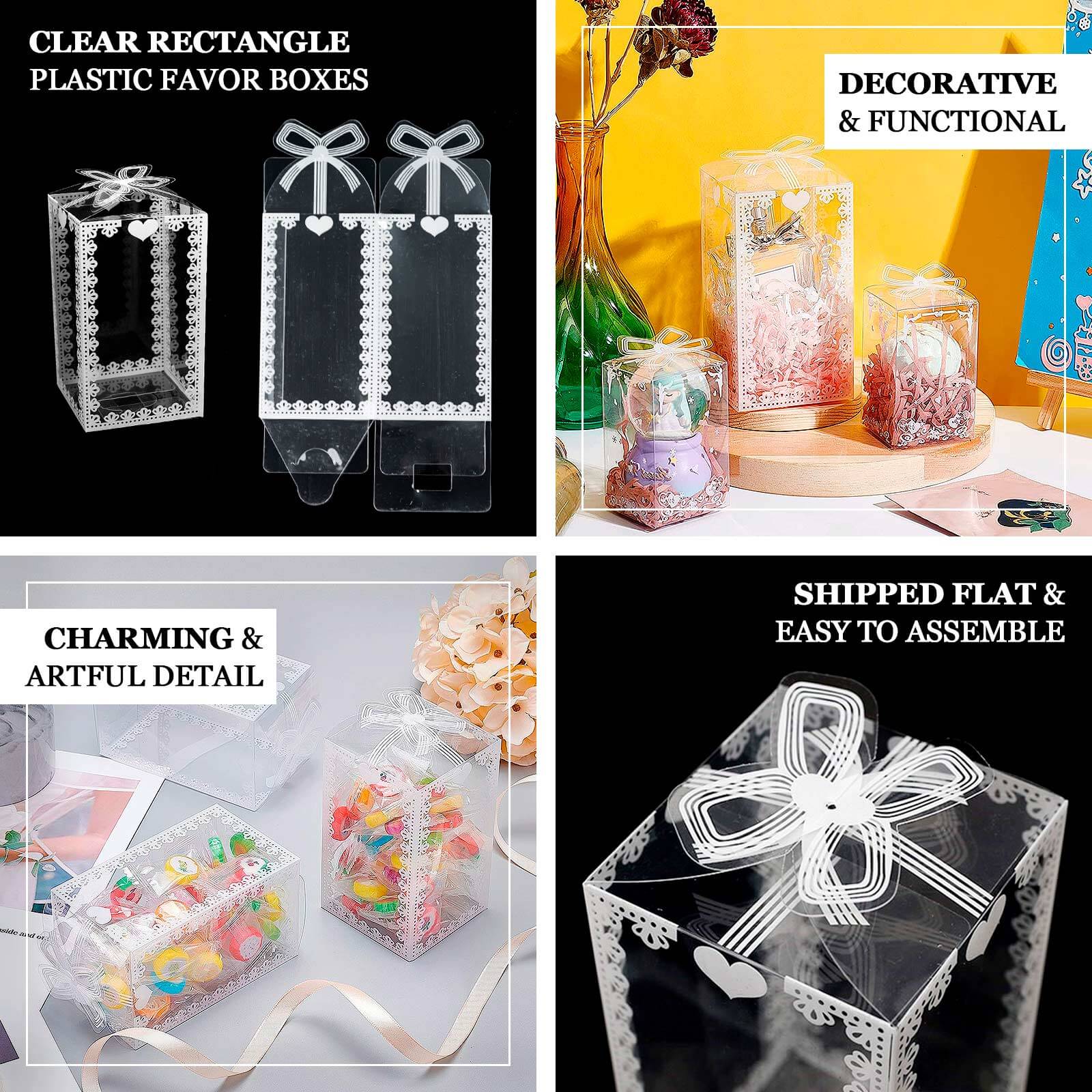 25 Pack Clear Rectangle Candy Gift Boxes With Bowknot and White Lace Pattern, 4" Transparent Plastic Party Favor Boxes - 2"x2"x4" - Bell Racket Store