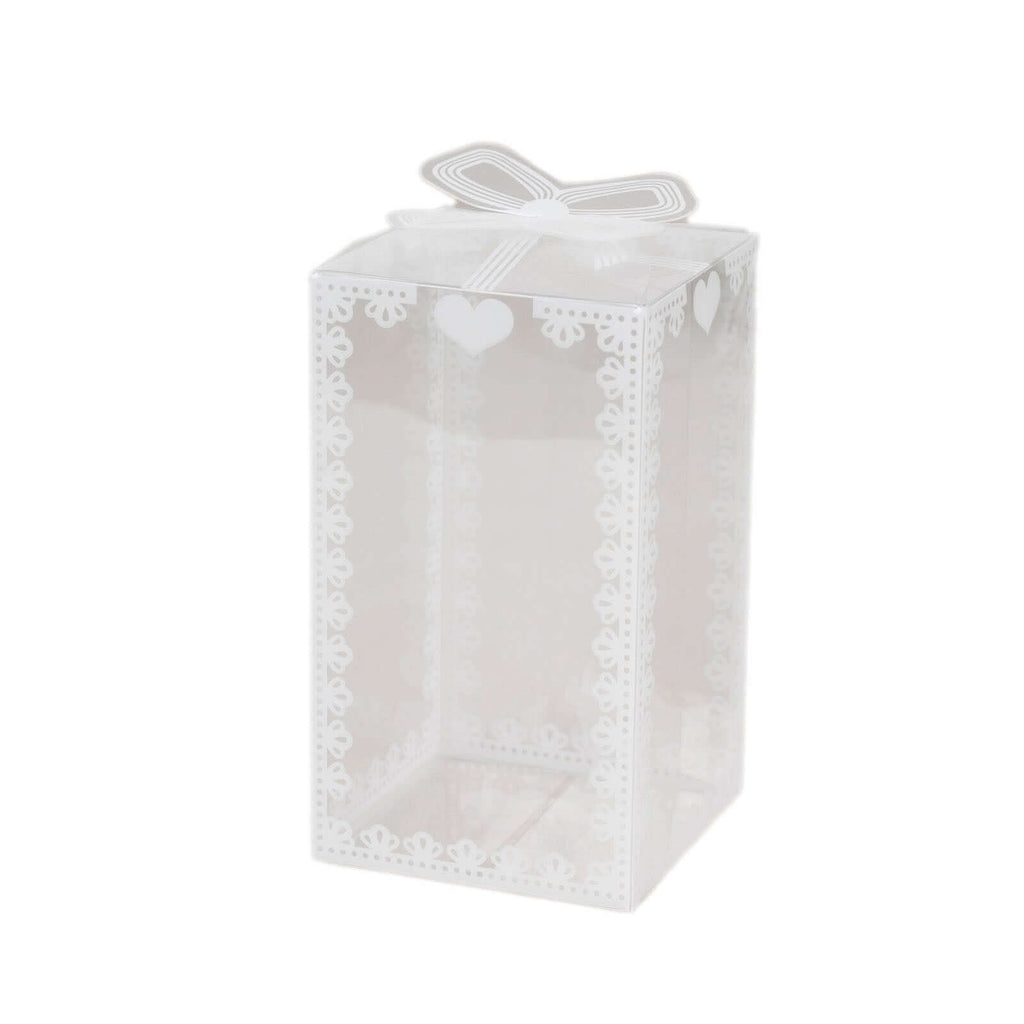 25 Pack Clear Rectangle Candy Gift Boxes With Bowknot and White Lace Pattern, 4" Transparent Plastic Party Favor Boxes - 2"x2"x4" - Bell Racket Store