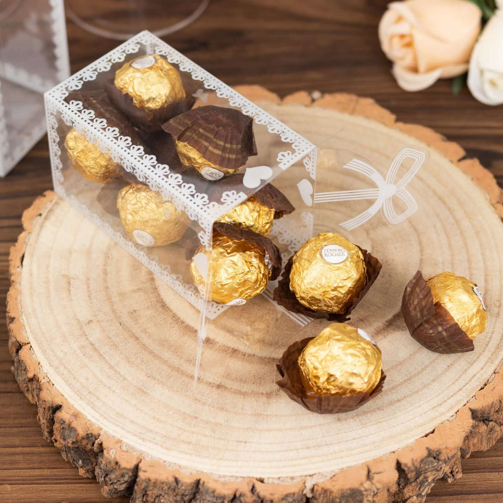 25 Pack Clear Rectangle Candy Gift Boxes With Bowknot and White Lace Pattern, 4" Transparent Plastic Party Favor Boxes - 2"x2"x4" - Bell Racket Store