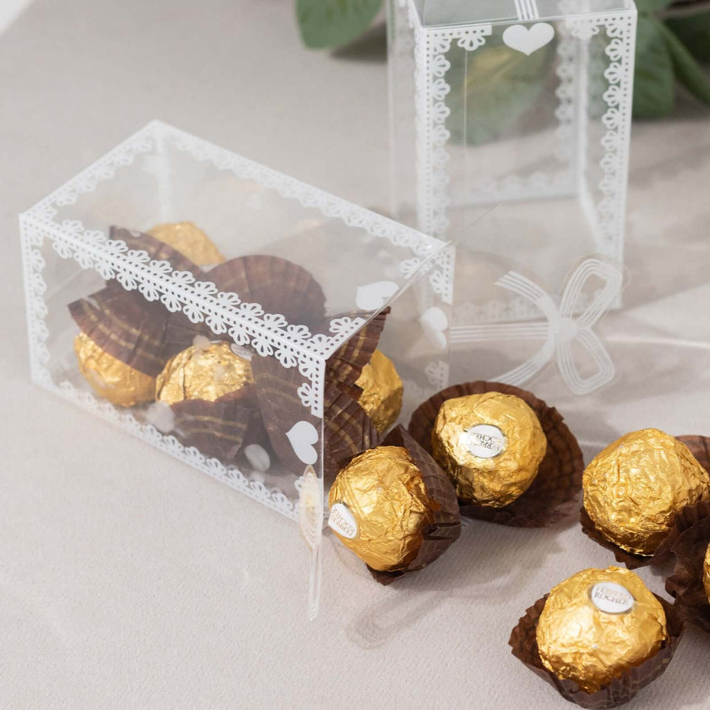 25 Pack Clear Rectangle Candy Gift Boxes With Bowknot and White Lace Pattern, 4" Transparent Plastic Party Favor Boxes - 2"x2"x4" - Bell Racket Store