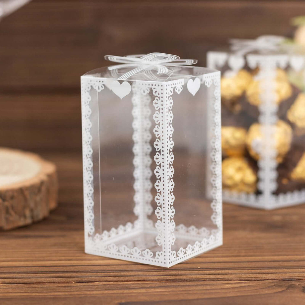 25 Pack Clear Rectangle Candy Gift Boxes With Bowknot and White Lace Pattern, 4" Transparent Plastic Party Favor Boxes - 2"x2"x4" - Bell Racket Store