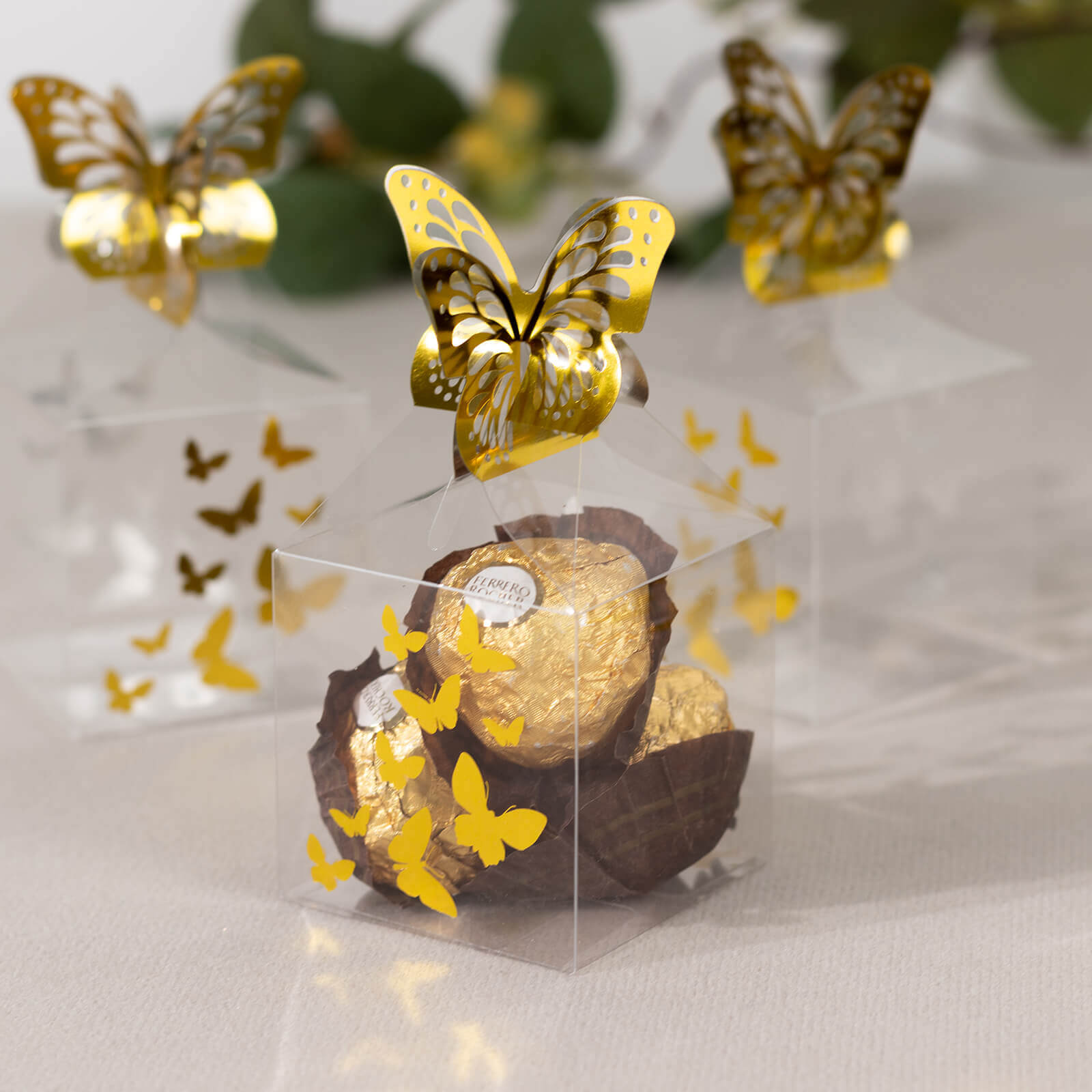 25 Pack Clear Transparent Square Party Favor Boxes with Gold Butterfly Top, Clear Candy Treat Gift Boxes - 2"x2"x4" - Bell Racket Store