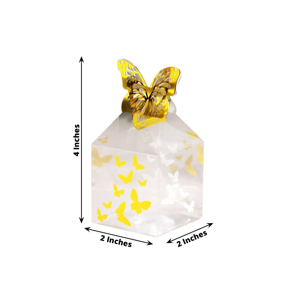25 Pack Clear Transparent Square Party Favor Boxes with Gold Butterfly Top, Clear Candy Treat Gift Boxes - 2"x2"x4" - Bell Racket Store
