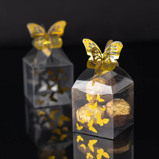 25 Pack Clear Transparent Square Party Favor Boxes with Gold Butterfly Top, Clear Candy Treat Gift Boxes - 2"x2"x4" - Bell Racket Store