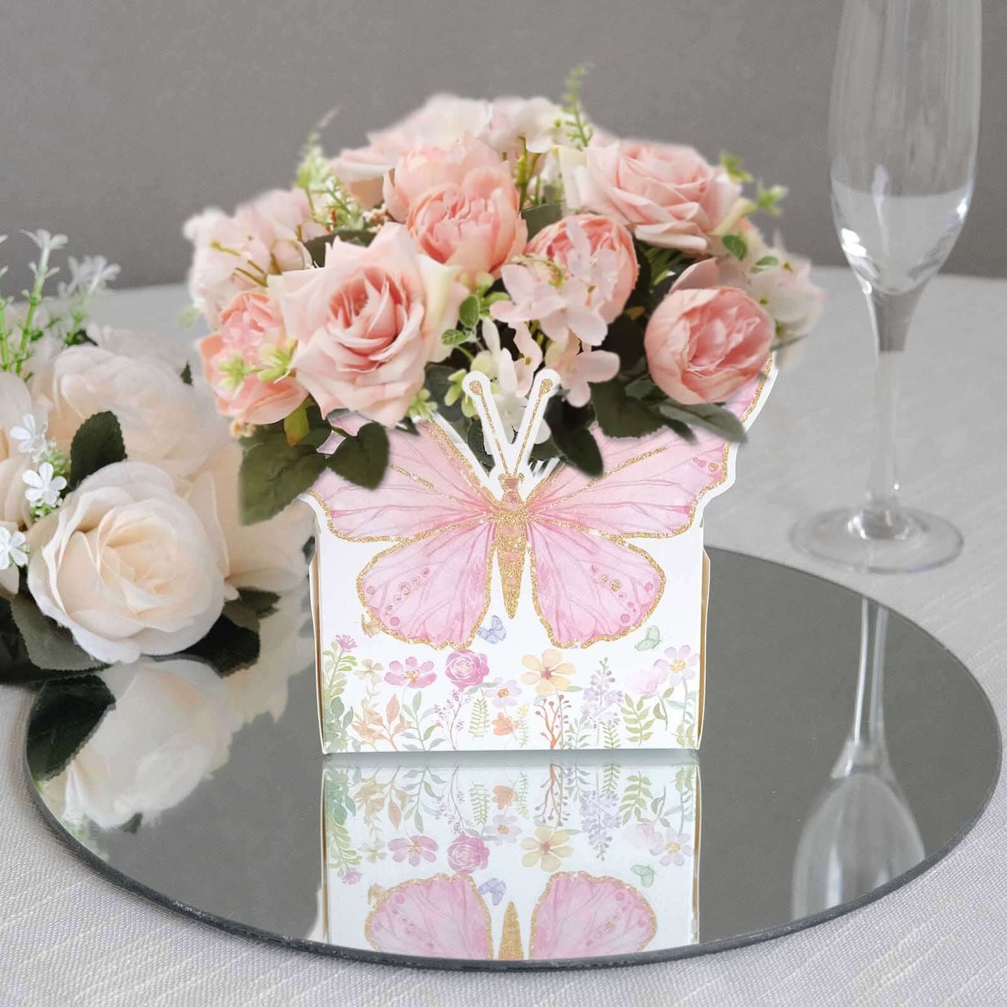 25 - Pack Disposable Food Trays White/Pink Glitter Butterfly Design Cardstock - Whimsical Disposable Serving Tray Food Boats for Girls Birthday Baby Shower Party Supplies 6"x7" - Bell Racket Store