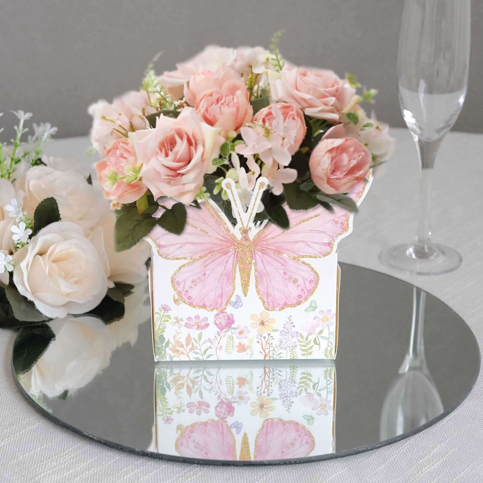 25 - Pack Disposable Food Trays White/Pink Glitter Butterfly Design Cardstock - Whimsical Disposable Serving Tray Food Boats for Girls Birthday Baby Shower Party Supplies 6"x7" - Bell Racket Store