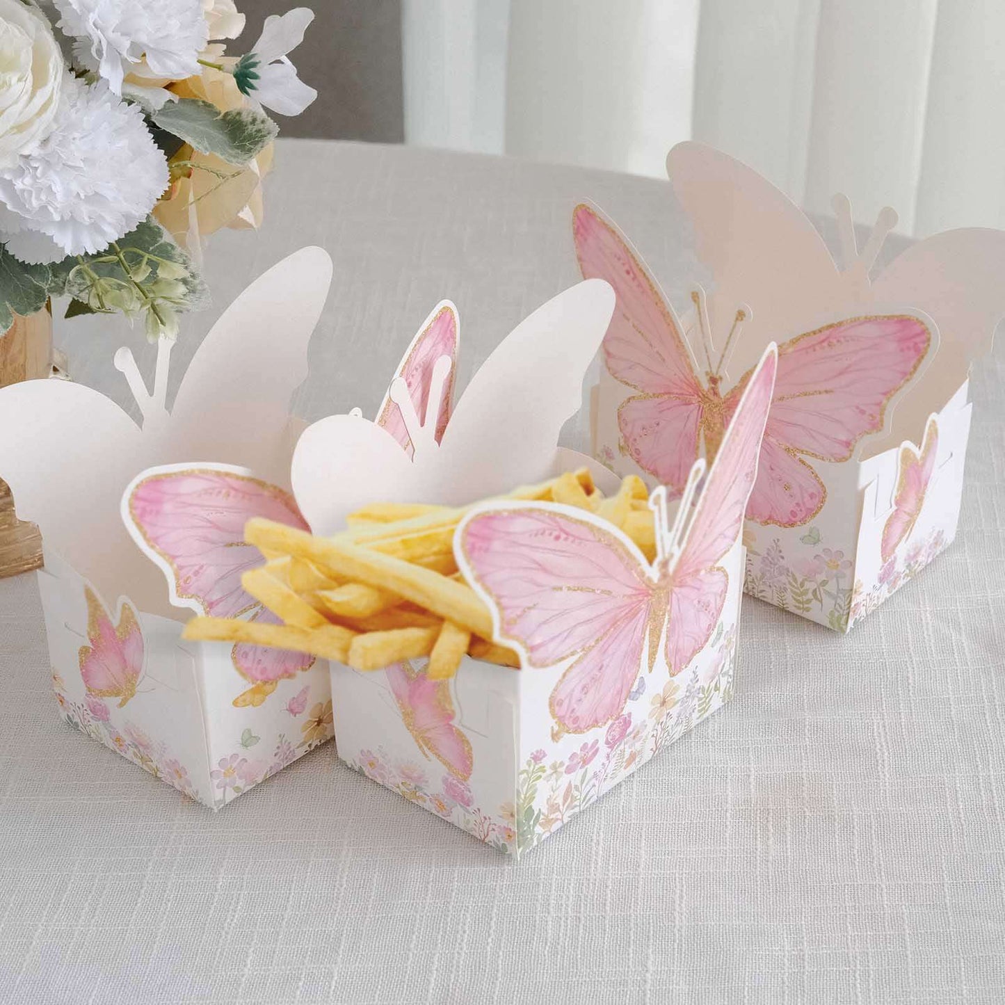25 - Pack Disposable Food Trays White/Pink Glitter Butterfly Design Cardstock - Whimsical Disposable Serving Tray Food Boats for Girls Birthday Baby Shower Party Supplies 6"x7" - Bell Racket Store