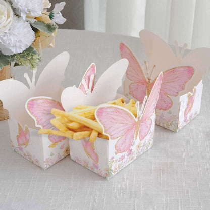 25 - Pack Disposable Food Trays White/Pink Glitter Butterfly Design Cardstock - Whimsical Disposable Serving Tray Food Boats for Girls Birthday Baby Shower Party Supplies 6"x7" - Bell Racket Store