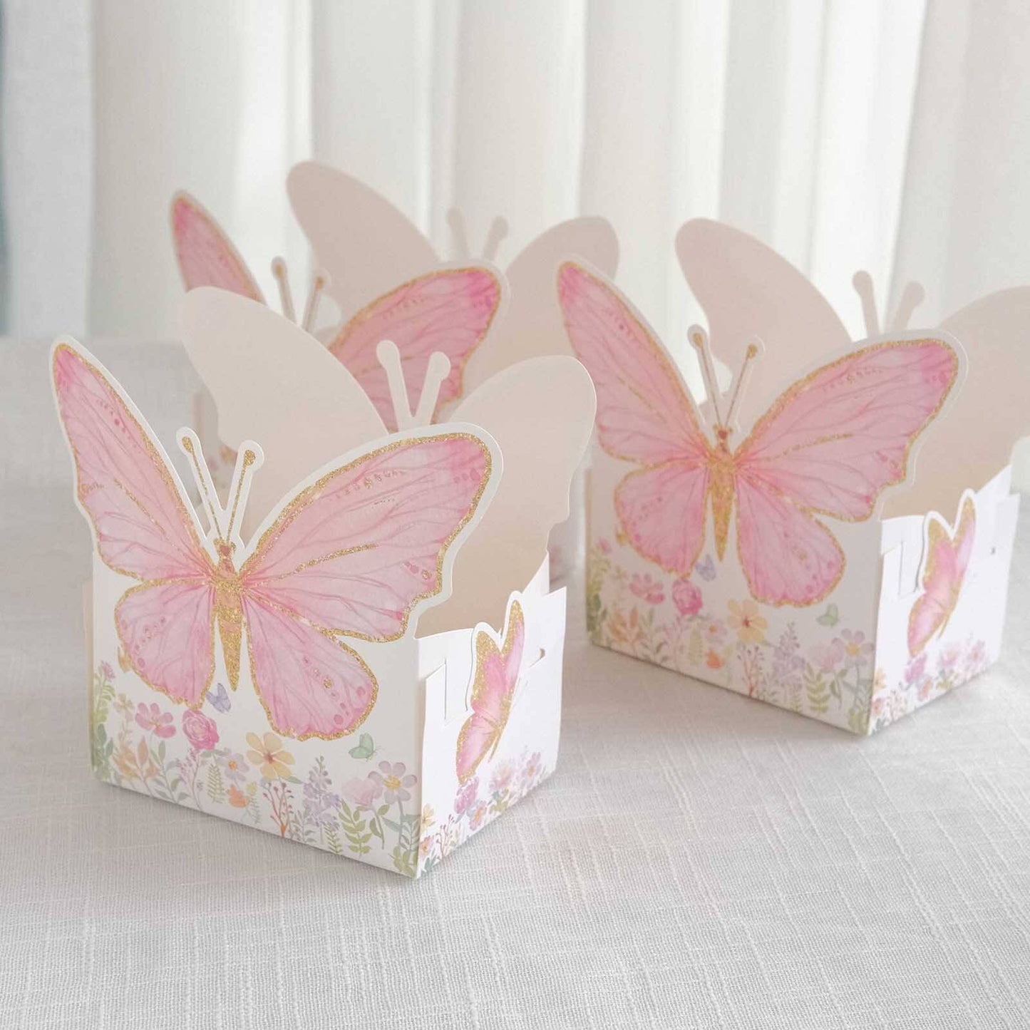 25 - Pack Disposable Food Trays White/Pink Glitter Butterfly Design Cardstock - Whimsical Disposable Serving Tray Food Boats for Girls Birthday Baby Shower Party Supplies 6"x7" - Bell Racket Store