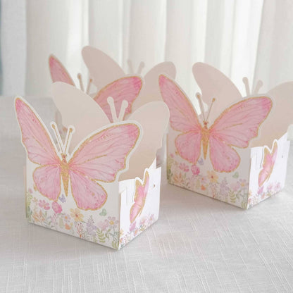 25 - Pack Disposable Food Trays White/Pink Glitter Butterfly Design Cardstock - Whimsical Disposable Serving Tray Food Boats for Girls Birthday Baby Shower Party Supplies 6"x7" - Bell Racket Store