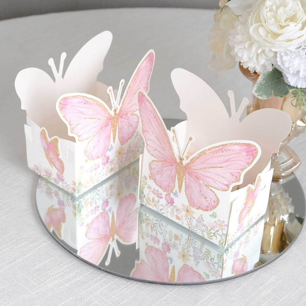 25 - Pack Disposable Food Trays White/Pink Glitter Butterfly Design Cardstock - Whimsical Disposable Serving Tray Food Boats for Girls Birthday Baby Shower Party Supplies 6"x7" - Bell Racket Store