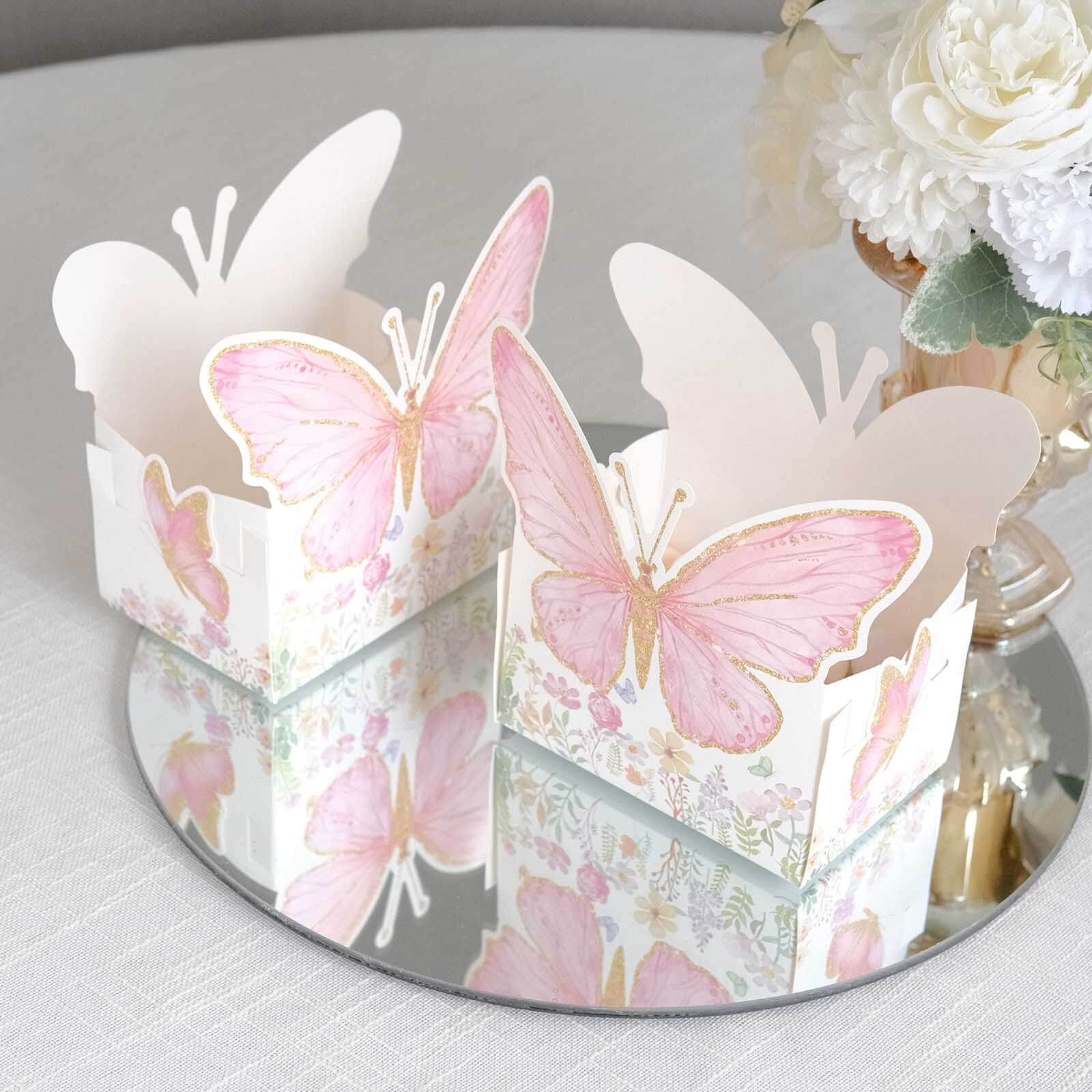 25 - Pack Disposable Food Trays White/Pink Glitter Butterfly Design Cardstock - Whimsical Disposable Serving Tray Food Boats for Girls Birthday Baby Shower Party Supplies 6"x7" - Bell Racket Store