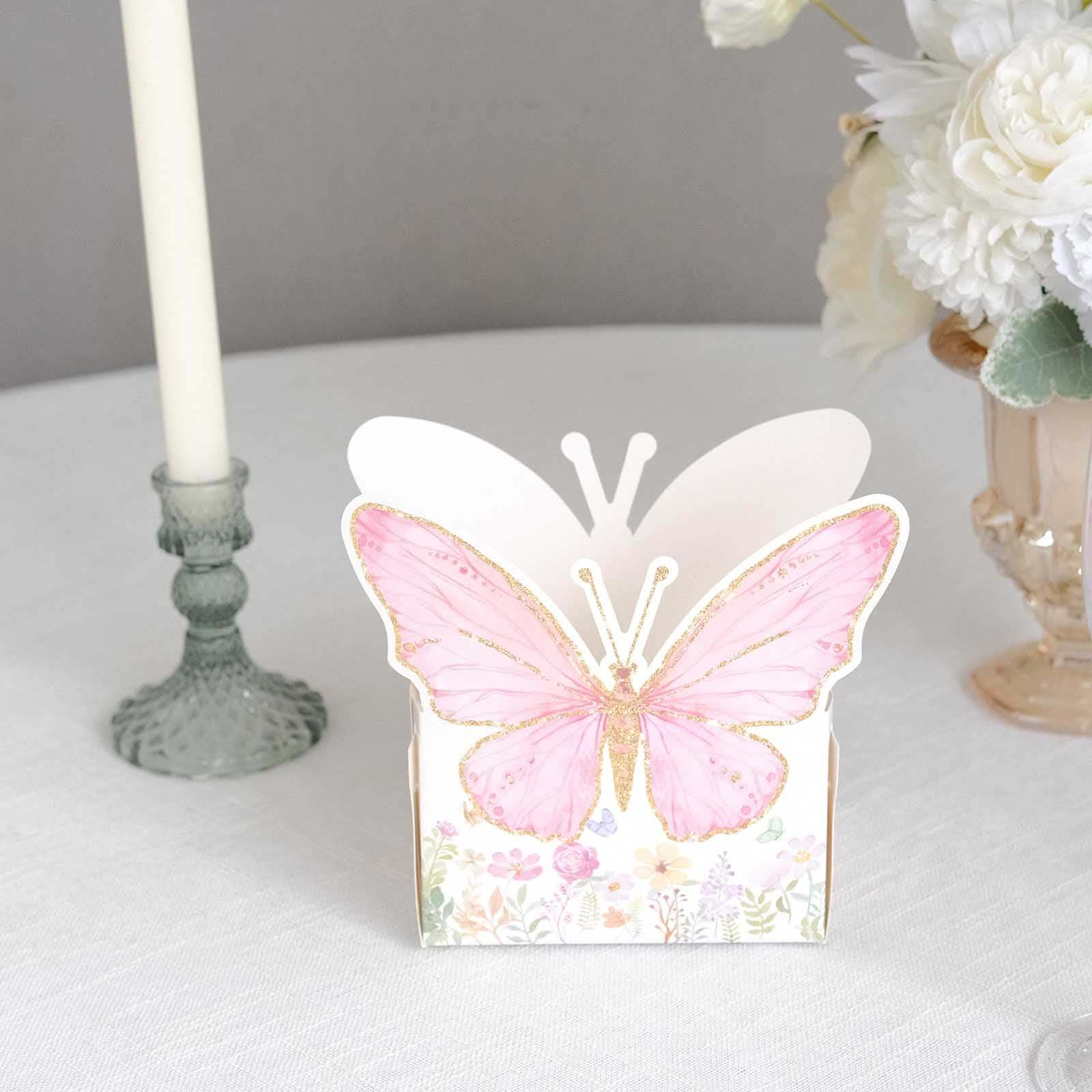 25 - Pack Disposable Food Trays White/Pink Glitter Butterfly Design Cardstock - Whimsical Disposable Serving Tray Food Boats for Girls Birthday Baby Shower Party Supplies 6"x7" - Bell Racket Store