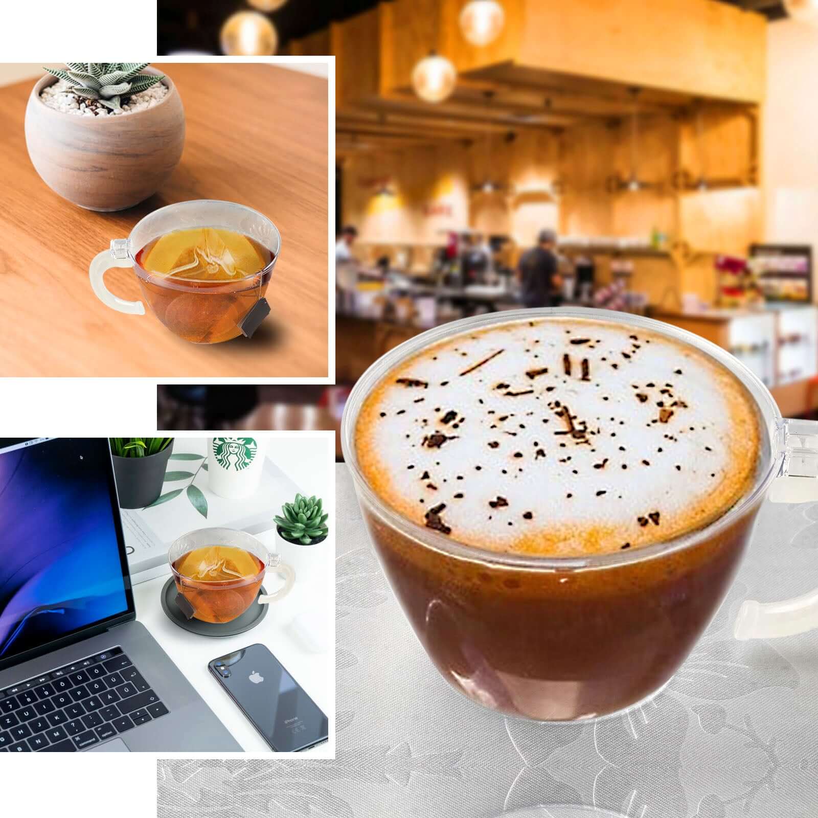 25 - Pack Disposable Plastic Coffee Cups with Handles - 6oz Amber Gold Hard Tea Mugs for Hot Beverages - Bell Racket Store