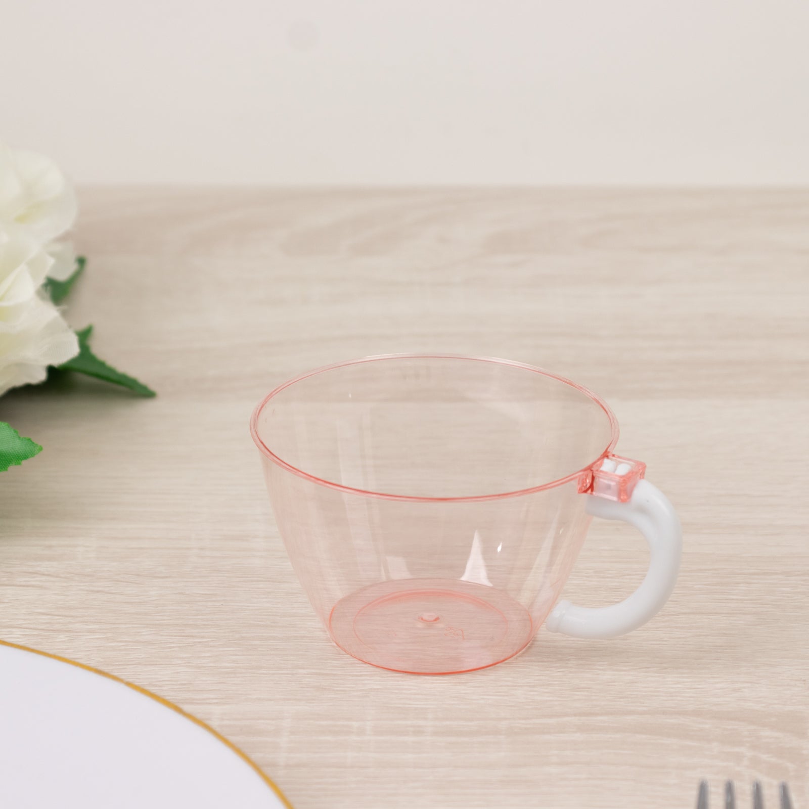 25 - Pack Disposable Plastic Coffee Cups with Handles - 6oz Transparent Blush Hard Tea Mugs for Hot Beverages - Bell Racket Store