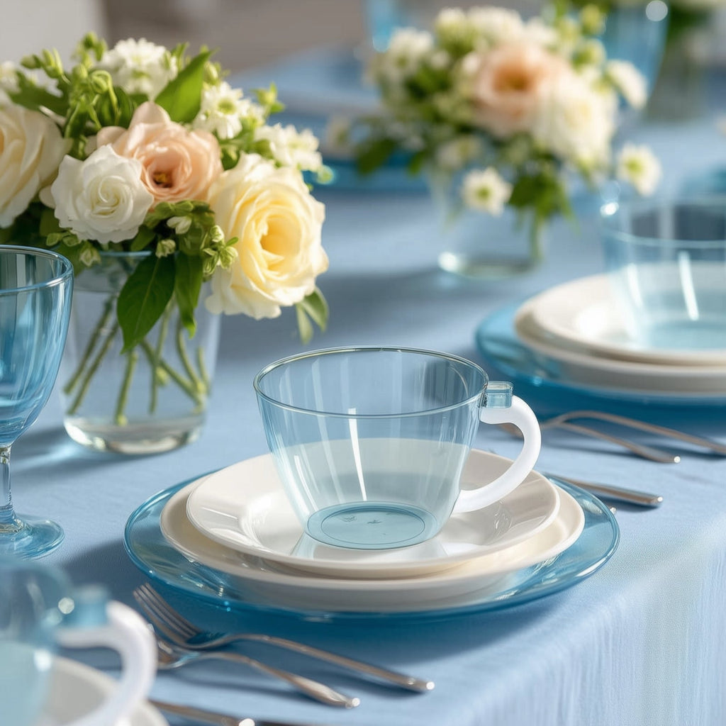 25 - Pack Disposable Plastic Coffee Cups with Handles - 6oz Transparent Dusty Blue Hard Tea Mugs for Hot Beverages - Bell Racket Store