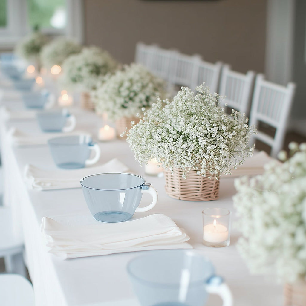 25 - Pack Disposable Plastic Coffee Cups with Handles - 6oz Transparent Dusty Blue Hard Tea Mugs for Hot Beverages - Bell Racket Store