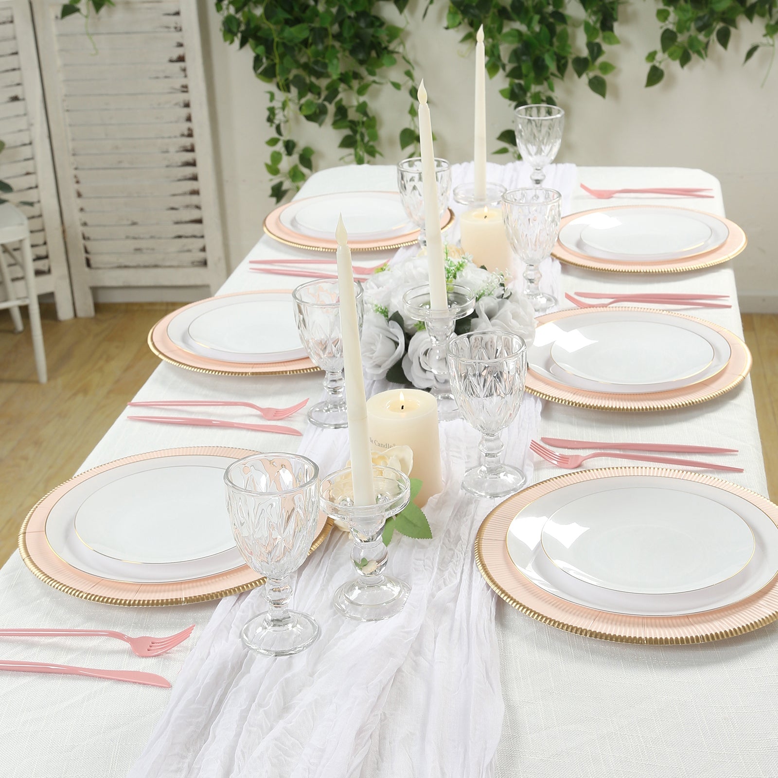 25 - Pack Disposable Round Charger Plates in Blush Sunray Design with Gold Rim - 350GSM Heavy Duty Paper Chargers 13" - Bell Racket Store