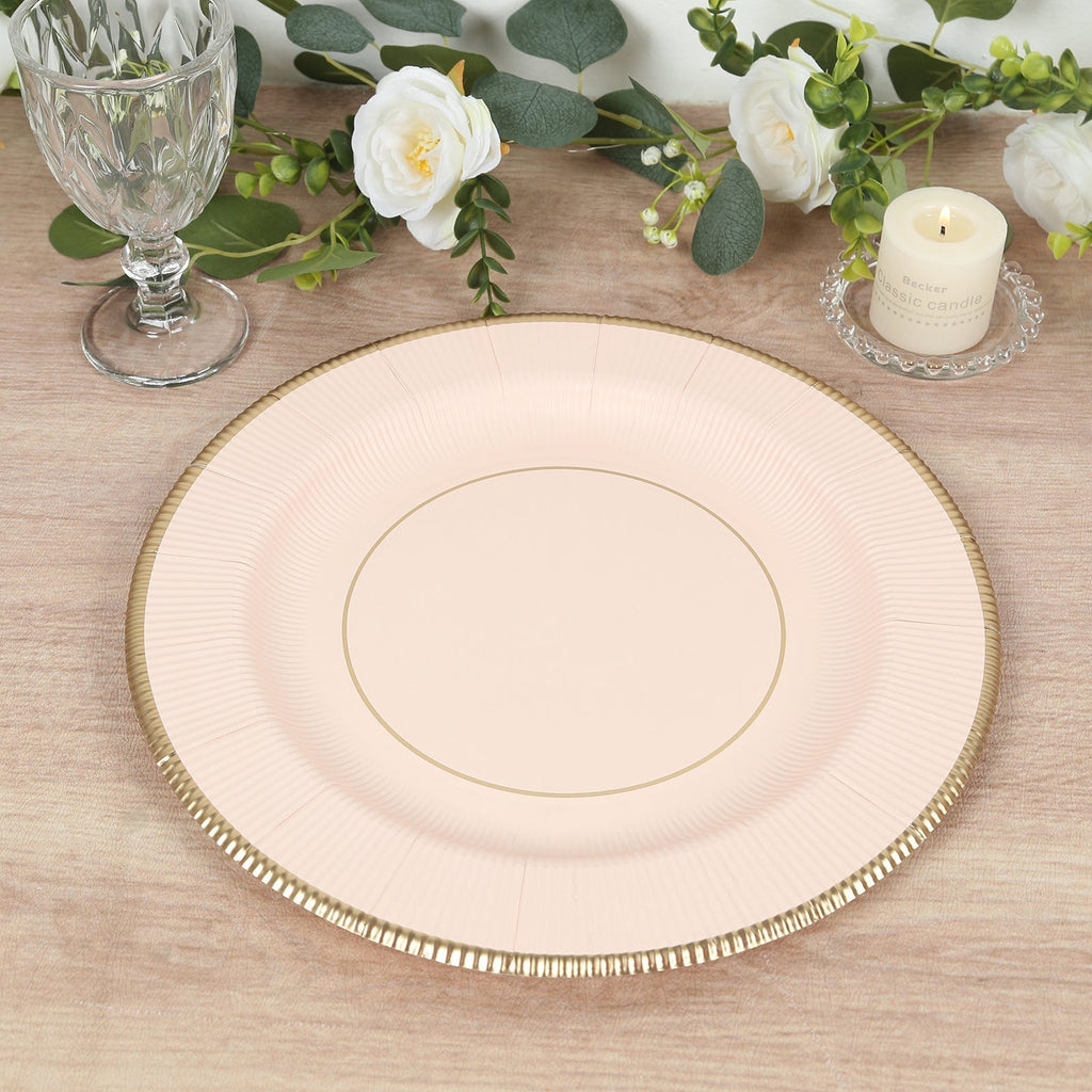 25 - Pack Disposable Round Charger Plates in Blush Sunray Design with Gold Rim - 350GSM Heavy Duty Paper Chargers 13" - Bell Racket Store