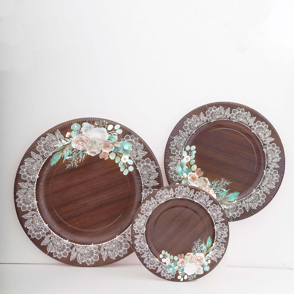 25 - Pack Disposable Round Charger Plates in Brown Rustic Wood Print with Floral Lace Rim - Durable Paper Chargers for Rustic Themes & Outdoor Events 13" - Bell Racket Store