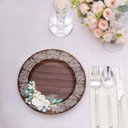 25 - Pack Disposable Round Charger Plates in Brown Rustic Wood Print with Floral Lace Rim - Durable Paper Chargers for Rustic Themes & Outdoor Events 13" - Bell Racket Store