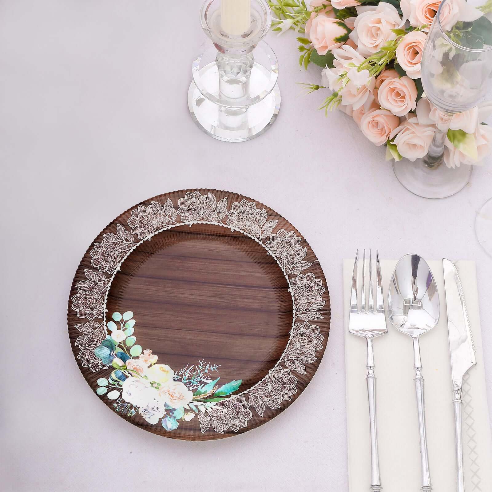 25 - Pack Disposable Round Charger Plates in Brown Rustic Wood Print with Floral Lace Rim - Durable Paper Chargers for Rustic Themes & Outdoor Events 13" - Bell Racket Store