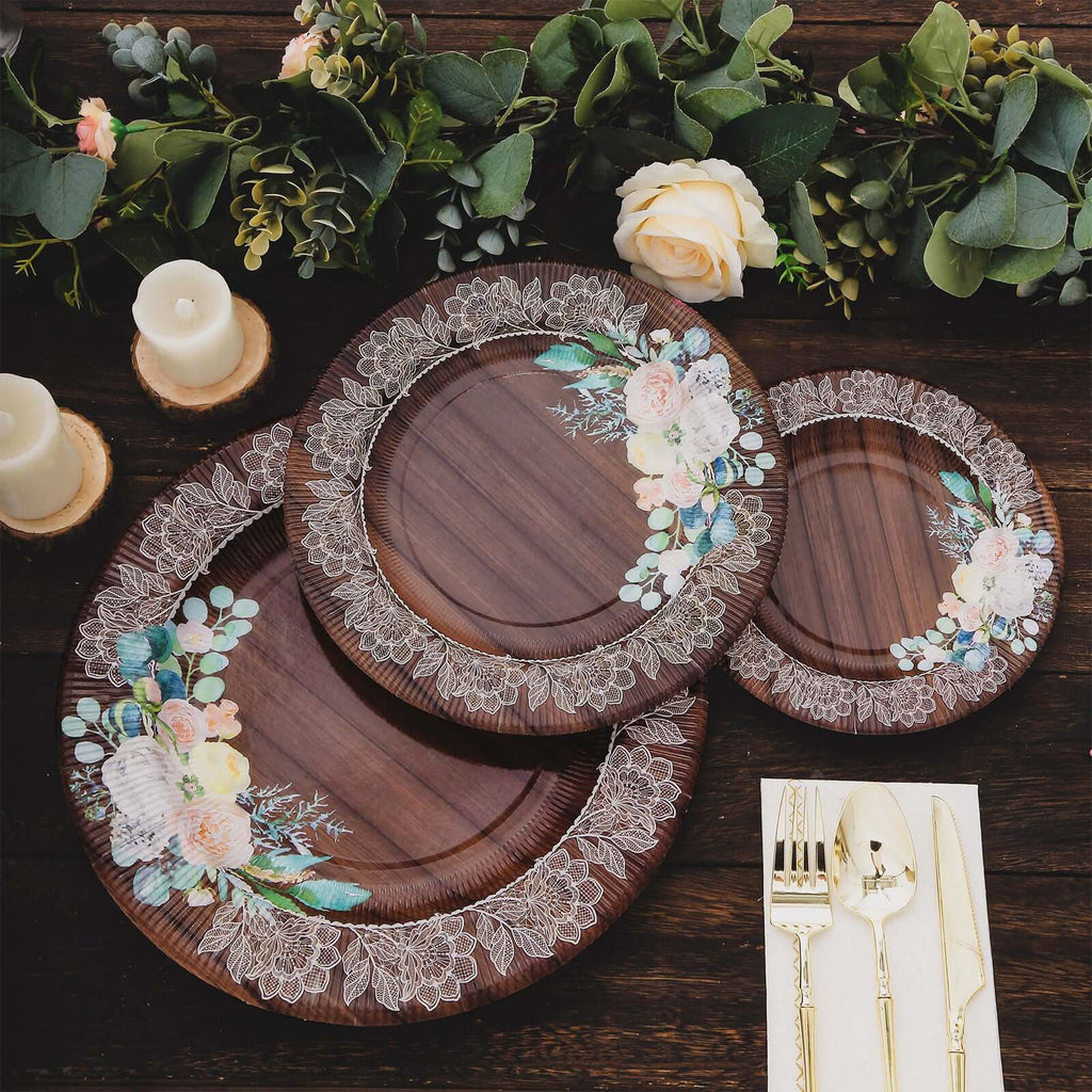25 - Pack Disposable Round Charger Plates in Brown Rustic Wood Print with Floral Lace Rim - Durable Paper Chargers for Rustic Themes & Outdoor Events 13" - Bell Racket Store