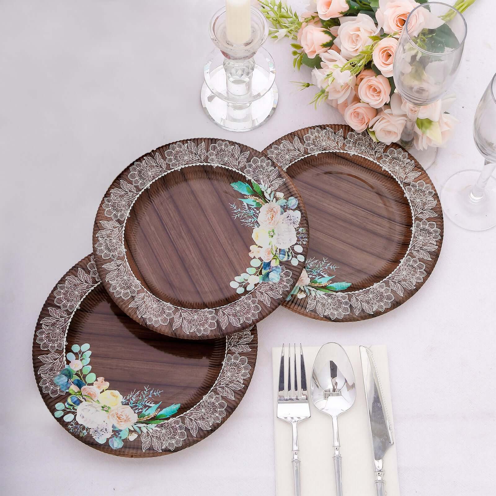 25 - Pack Disposable Round Charger Plates in Brown Rustic Wood Print with Floral Lace Rim - Durable Paper Chargers for Rustic Themes & Outdoor Events 13" - Bell Racket Store