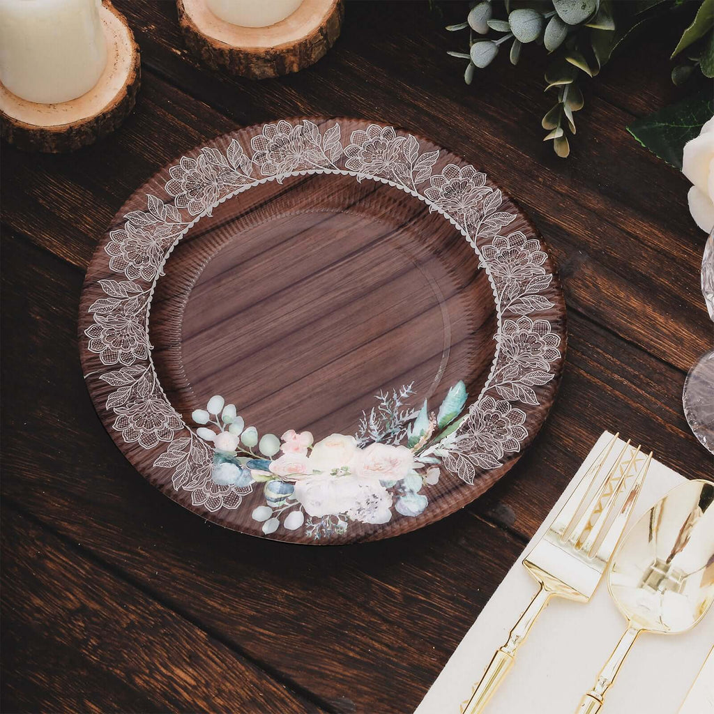 25 - Pack Disposable Round Charger Plates in Brown Rustic Wood Print with Floral Lace Rim - Durable Paper Chargers for Rustic Themes & Outdoor Events 13" - Bell Racket Store