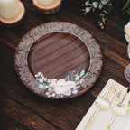 25 - Pack Disposable Round Charger Plates in Brown Rustic Wood Print with Floral Lace Rim - Durable Paper Chargers for Rustic Themes & Outdoor Events 13" - Bell Racket Store