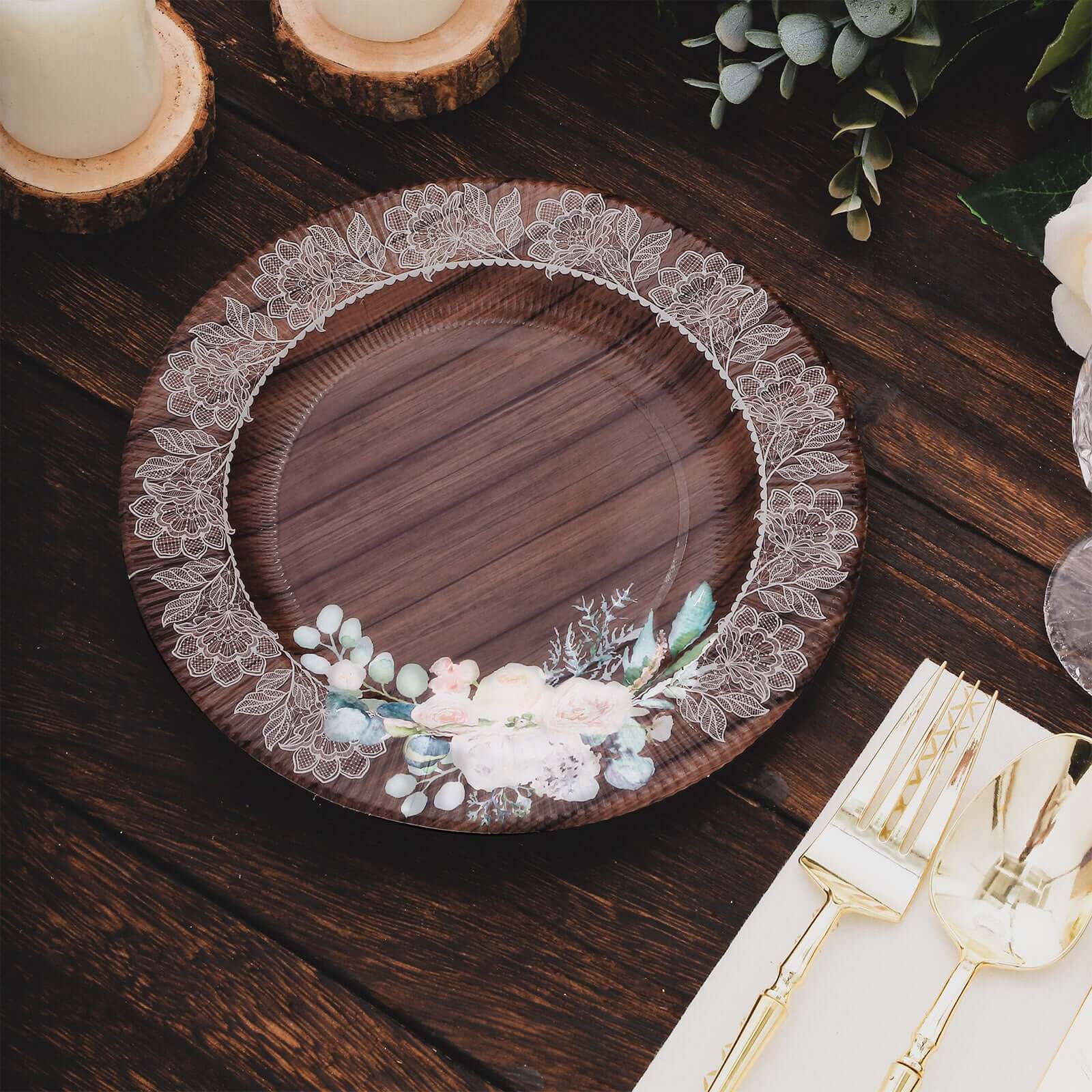25 - Pack Disposable Round Charger Plates in Brown Rustic Wood Print with Floral Lace Rim - Durable Paper Chargers for Rustic Themes & Outdoor Events 13" - Bell Racket Store