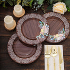25 - Pack Disposable Round Charger Plates in Brown Rustic Wood Print with Floral Lace Rim - Durable Paper Chargers for Rustic Themes & Outdoor Events 13" - Bell Racket Store
