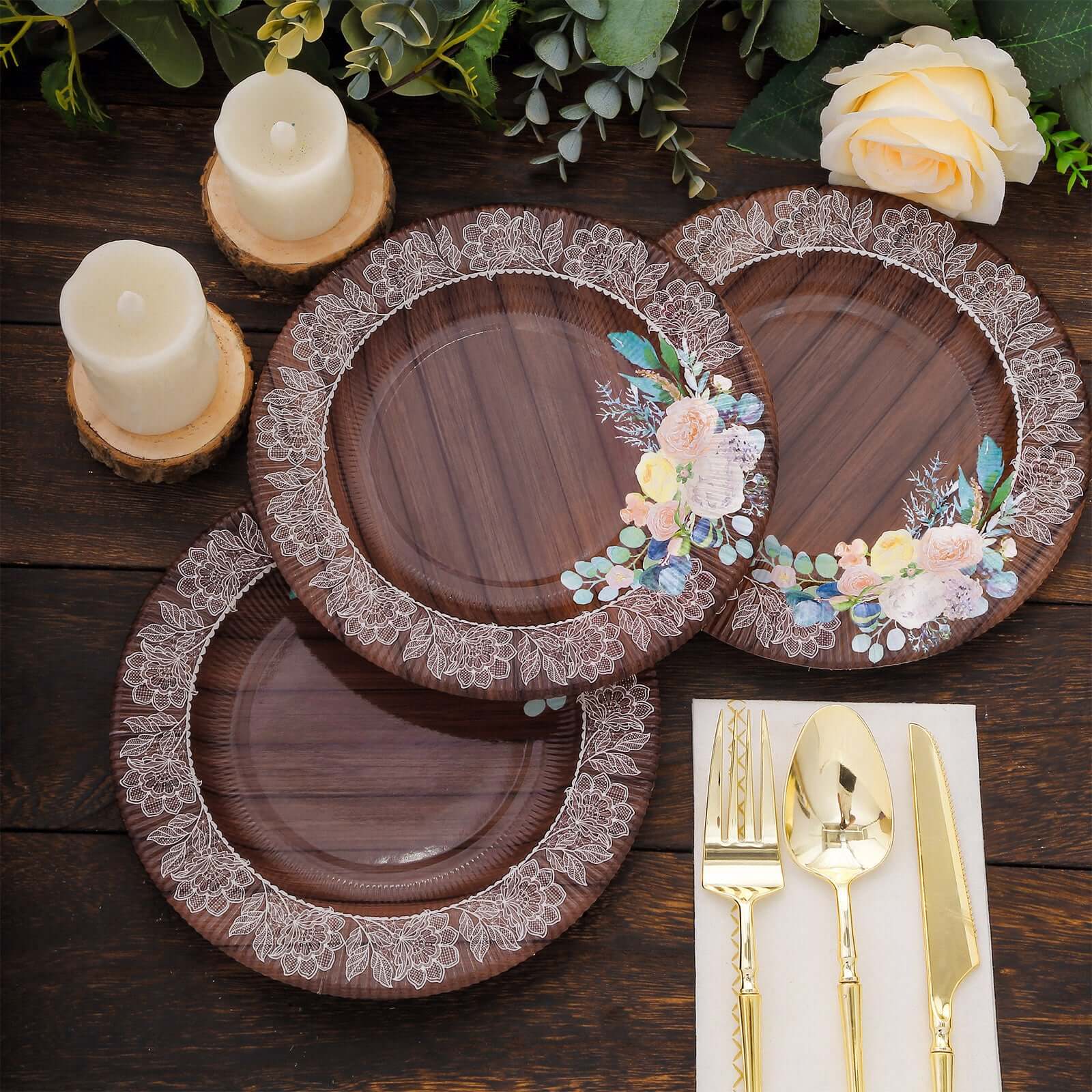 25 - Pack Disposable Round Charger Plates in Brown Rustic Wood Print with Floral Lace Rim - Durable Paper Chargers for Rustic Themes & Outdoor Events 13" - Bell Racket Store