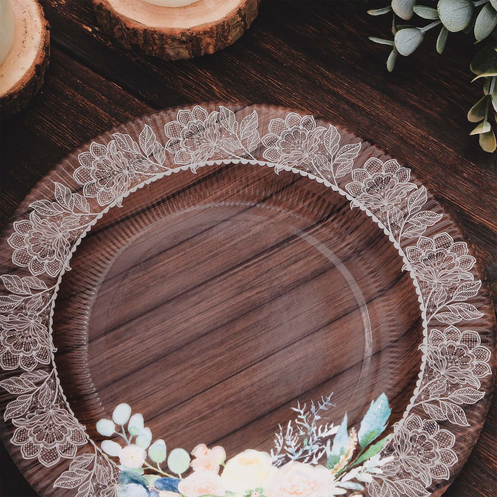 25 - Pack Disposable Round Charger Plates in Brown Rustic Wood Print with Floral Lace Rim - Durable Paper Chargers for Rustic Themes & Outdoor Events 13" - Bell Racket Store