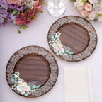 25 - Pack Disposable Round Charger Plates in Brown Rustic Wood Print with Floral Lace Rim - Durable Paper Chargers for Rustic Themes & Outdoor Events 13" - Bell Racket Store