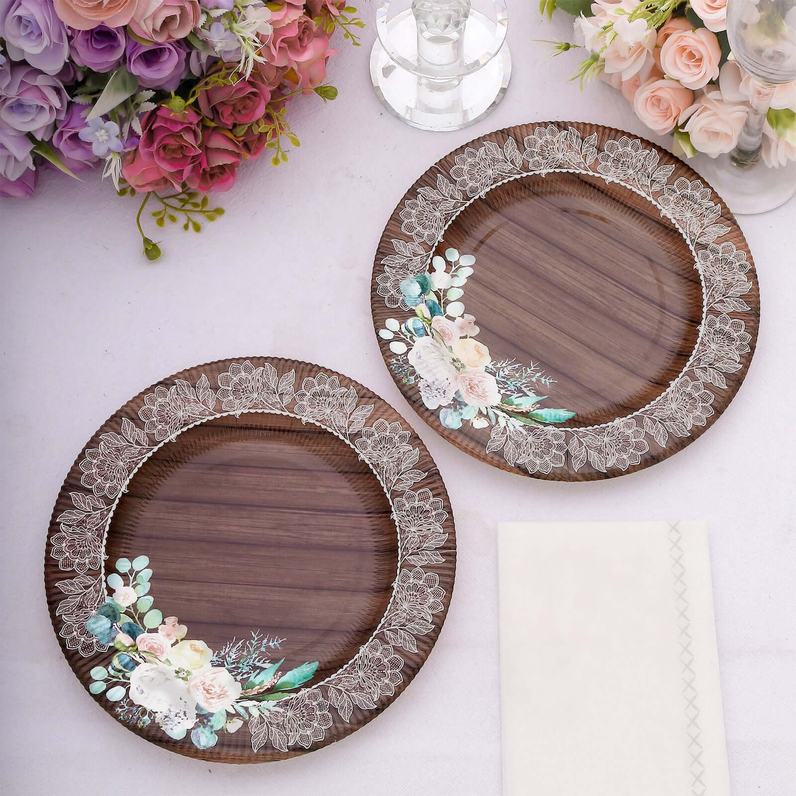 25 - Pack Disposable Round Charger Plates in Brown Rustic Wood Print with Floral Lace Rim - Durable Paper Chargers for Rustic Themes & Outdoor Events 13" - Bell Racket Store
