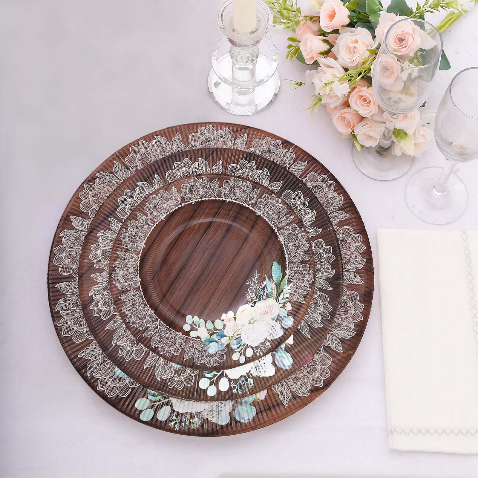 25 - Pack Disposable Round Charger Plates in Brown Rustic Wood Print with Floral Lace Rim - Durable Paper Chargers for Rustic Themes & Outdoor Events 13" - Bell Racket Store