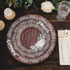 25 - Pack Disposable Round Charger Plates in Brown Rustic Wood Print with Floral Lace Rim - Durable Paper Chargers for Rustic Themes & Outdoor Events 13" - Bell Racket Store