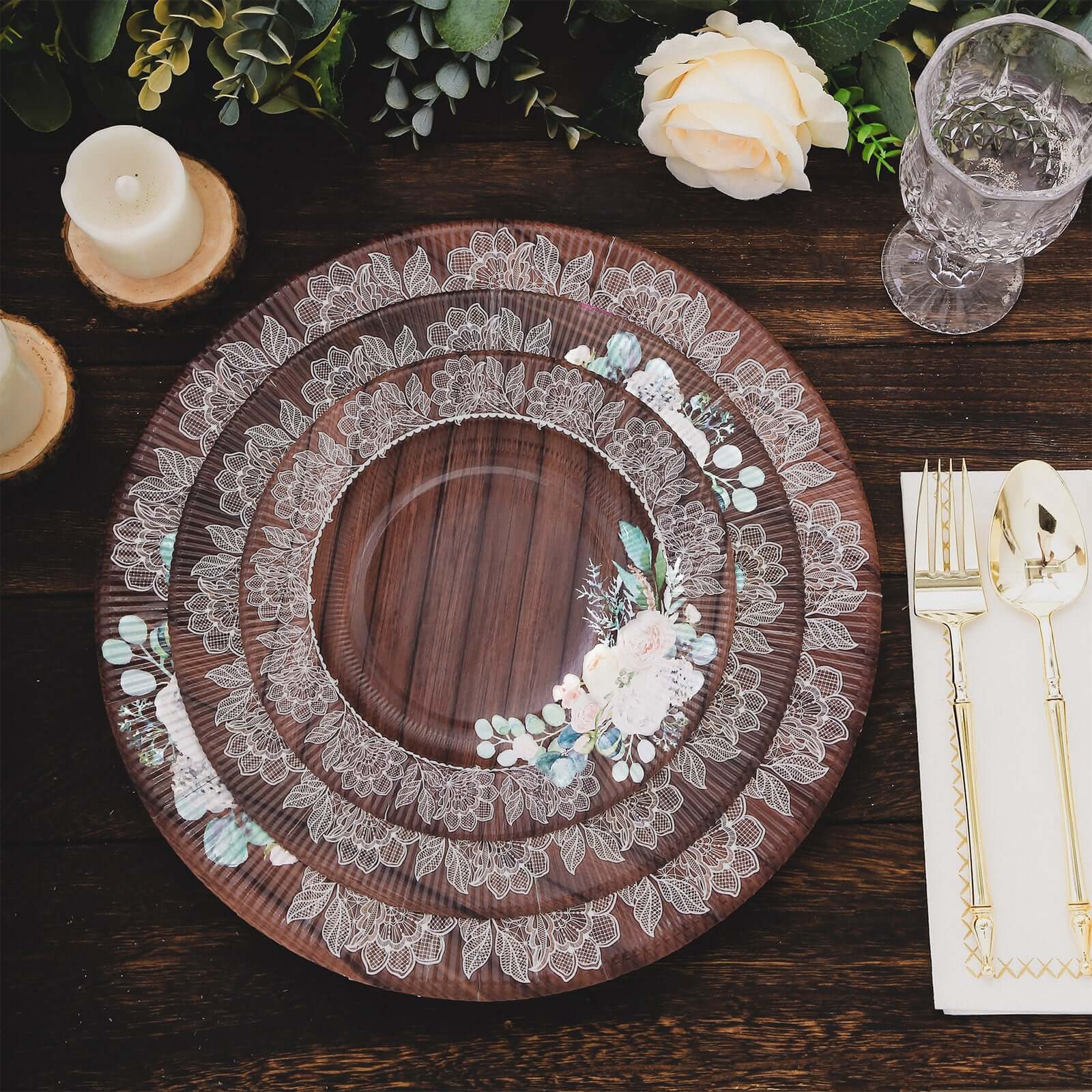 25 - Pack Disposable Round Charger Plates in Brown Rustic Wood Print with Floral Lace Rim - Durable Paper Chargers for Rustic Themes & Outdoor Events 13" - Bell Racket Store