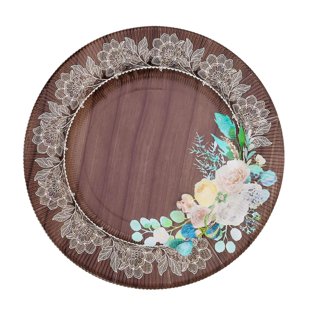 25 - Pack Disposable Round Charger Plates in Brown Rustic Wood Print with Floral Lace Rim - Durable Paper Chargers for Rustic Themes & Outdoor Events 13" - Bell Racket Store