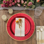 25 - Pack Disposable Round Charger Plates in Burgundy Sunray Design with Gold Rim - 350GSM Heavy Duty Paper Chargers 13" - Bell Racket Store