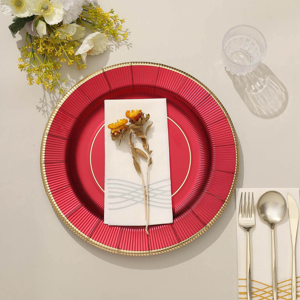 25 - Pack Disposable Round Charger Plates in Burgundy Sunray Design with Gold Rim - 350GSM Heavy Duty Paper Chargers 13" - Bell Racket Store