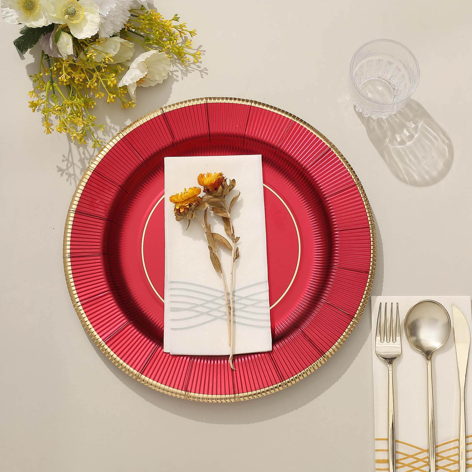 25 - Pack Disposable Round Charger Plates in Burgundy Sunray Design with Gold Rim - 350GSM Heavy Duty Paper Chargers 13" - Bell Racket Store