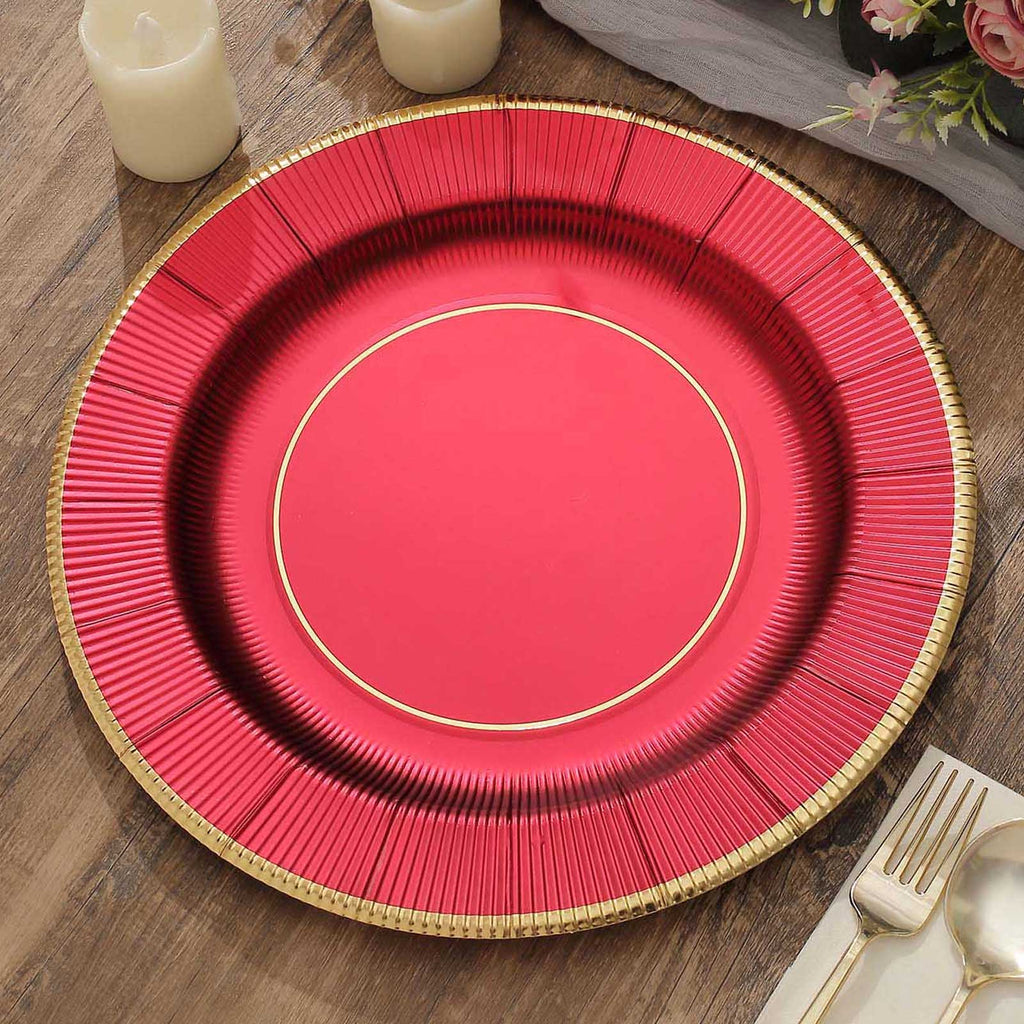 25 - Pack Disposable Round Charger Plates in Burgundy Sunray Design with Gold Rim - 350GSM Heavy Duty Paper Chargers 13" - Bell Racket Store