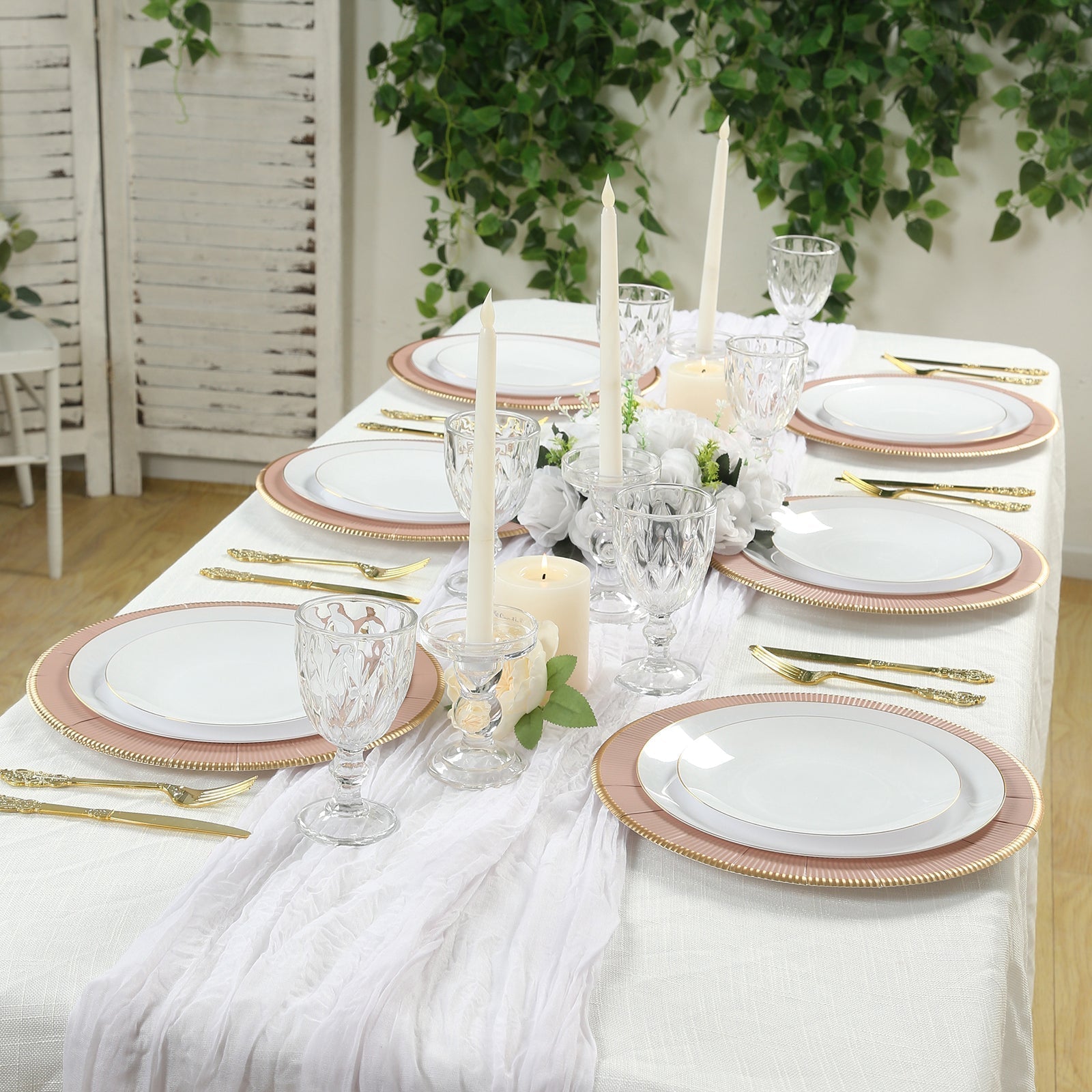 25 - Pack Disposable Round Charger Plates in Dusty Rose Sunray Design with Gold Rim - 350GSM Heavy Duty Paper Chargers 13" - Bell Racket Store