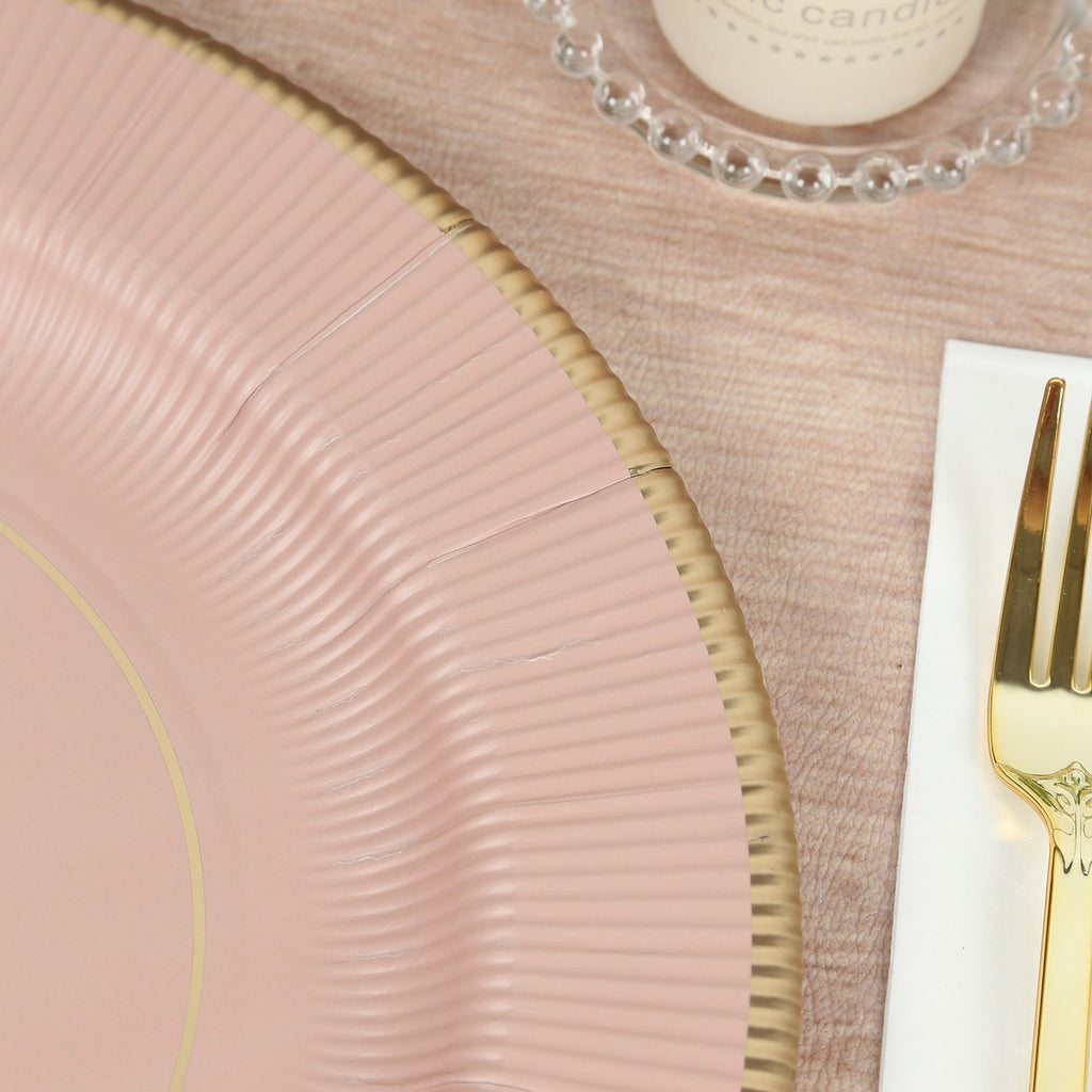 25 - Pack Disposable Round Charger Plates in Dusty Rose Sunray Design with Gold Rim - 350GSM Heavy Duty Paper Chargers 13" - Bell Racket Store