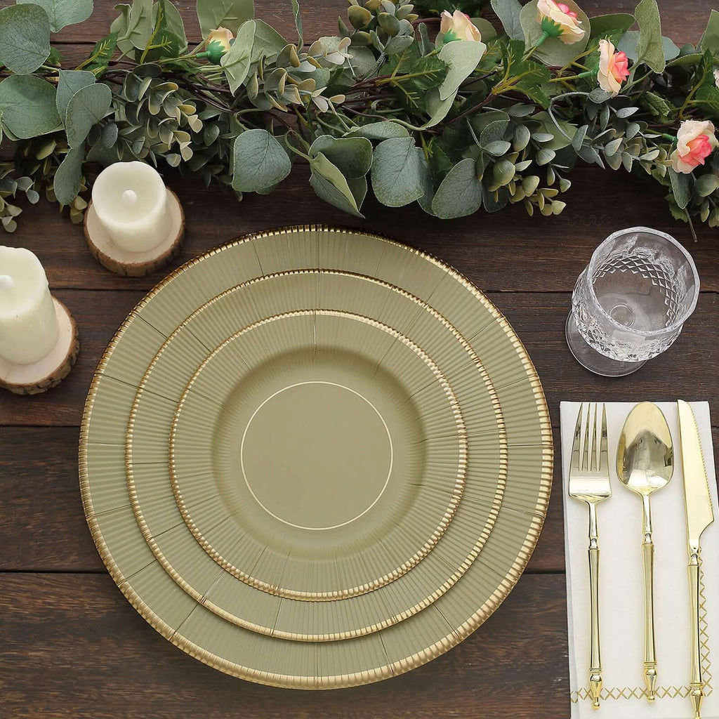 25 - Pack Disposable Round Charger Plates in Khaki Sunray Design with Gold Rim - 350GSM Heavy Duty Paper Chargers 13" - Bell Racket Store