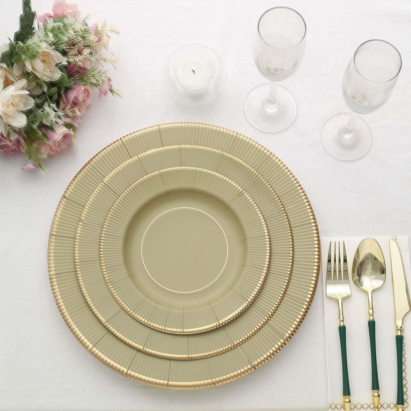 25 - Pack Disposable Round Charger Plates in Khaki Sunray Design with Gold Rim - 350GSM Heavy Duty Paper Chargers 13" - Bell Racket Store